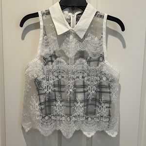 Marissa Webb White Sheer Lace Collared Sleeveless Top With Detachable Camisole